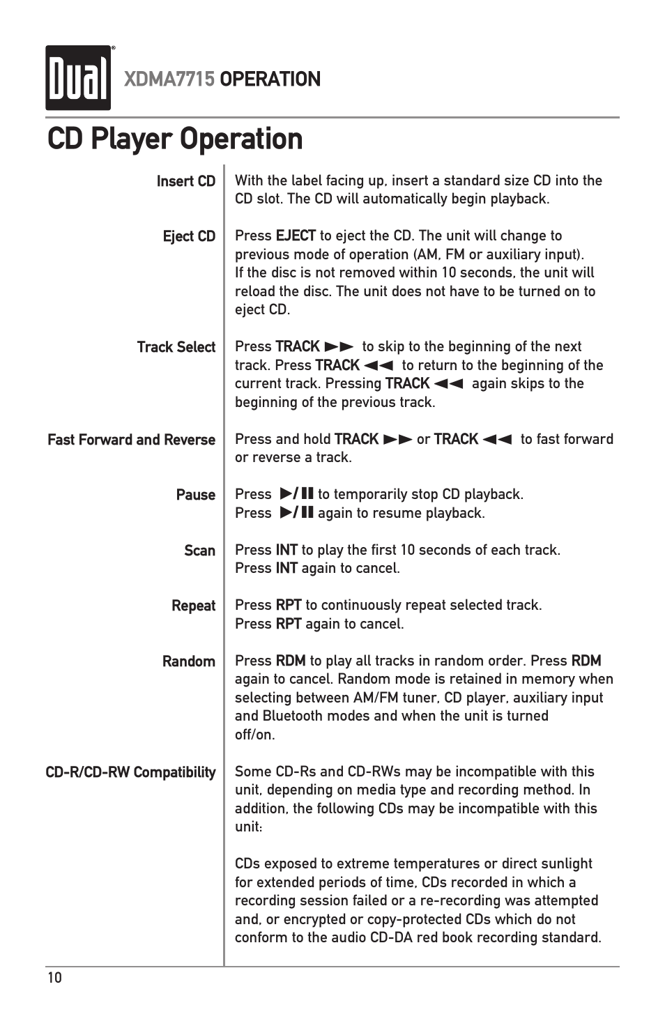 Cd player operation | Dual IPLUG XDMA7715 User Manual | Page 10 / 24