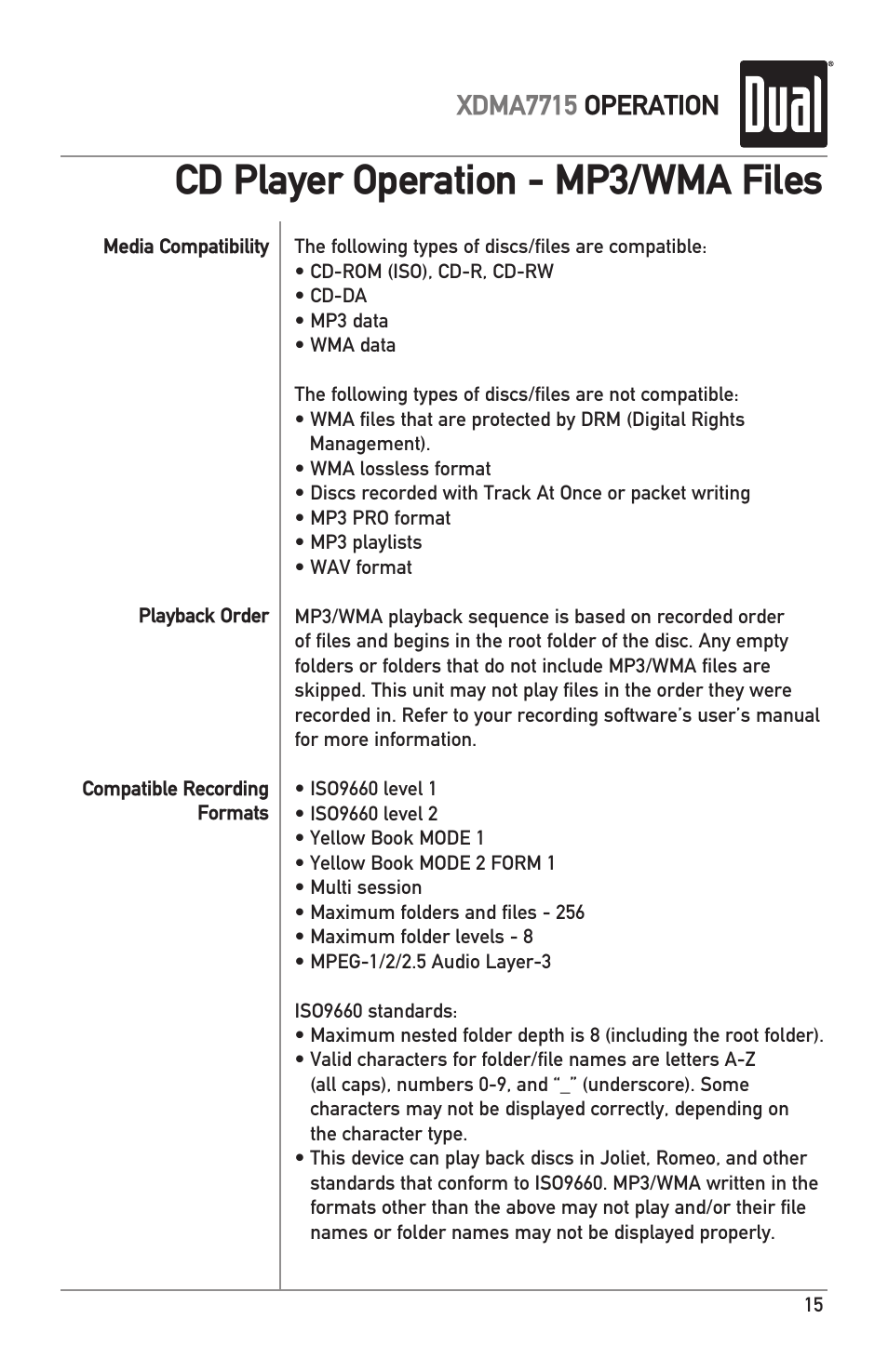 Cd player operation - mp3/wma files, Xdma7715 operation | Dual IPLUG XDMA7715 User Manual | Page 15 / 24