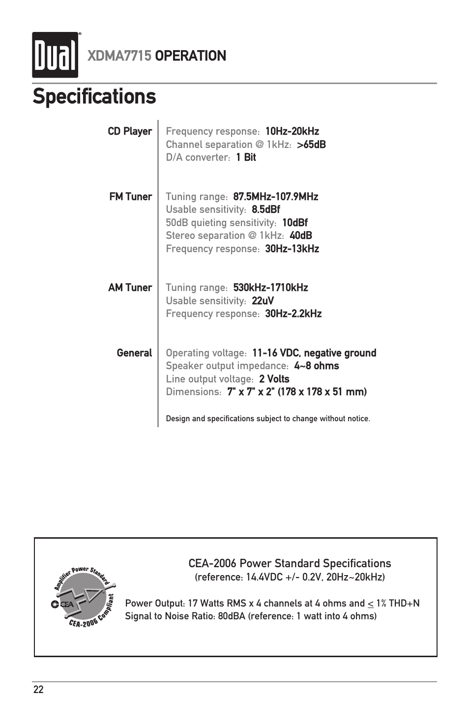 Specifications, Xdma7715 operation | Dual IPLUG XDMA7715 User Manual | Page 22 / 24