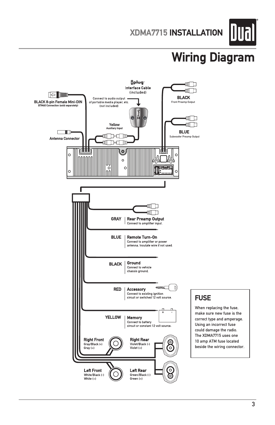 Wiring diagram, Xdma7715 installation, Fuse | Dual IPLUG XDMA7715 User Manual | Page 3 / 24