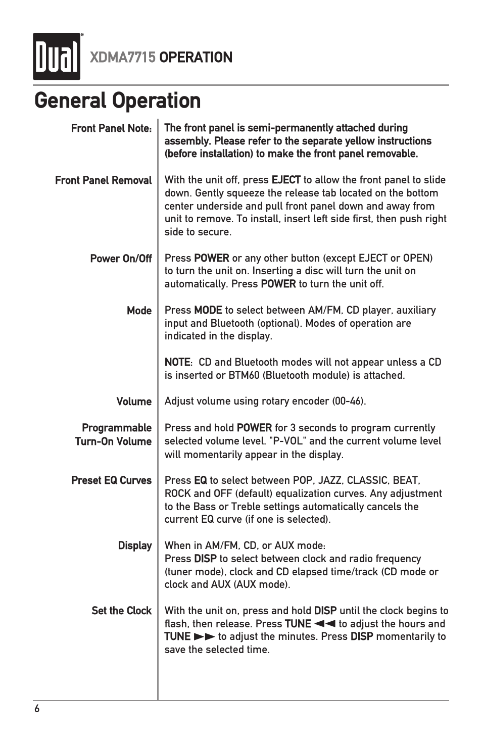 General operation, Xdma7715 operation | Dual IPLUG XDMA7715 User Manual | Page 6 / 24