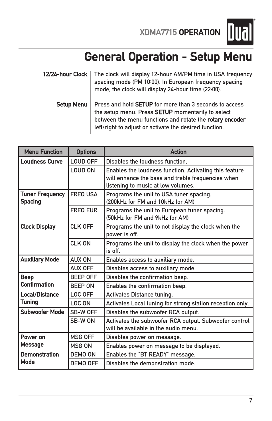 General operation - setup menu, Xdma7715 operation | Dual IPLUG XDMA7715 User Manual | Page 7 / 24