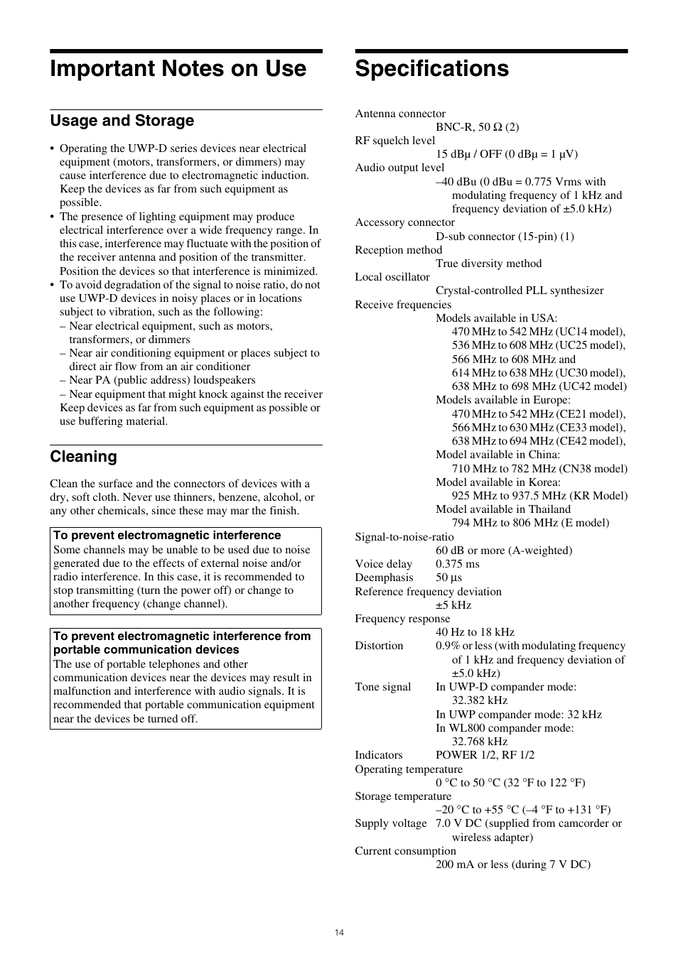 Important notes on use, Specifications, Usage and storage cleaning | Usage and storage, Cleaning | Sony 300GB Write-Once Optical Disc Cartridge User Manual | Page 14 / 16