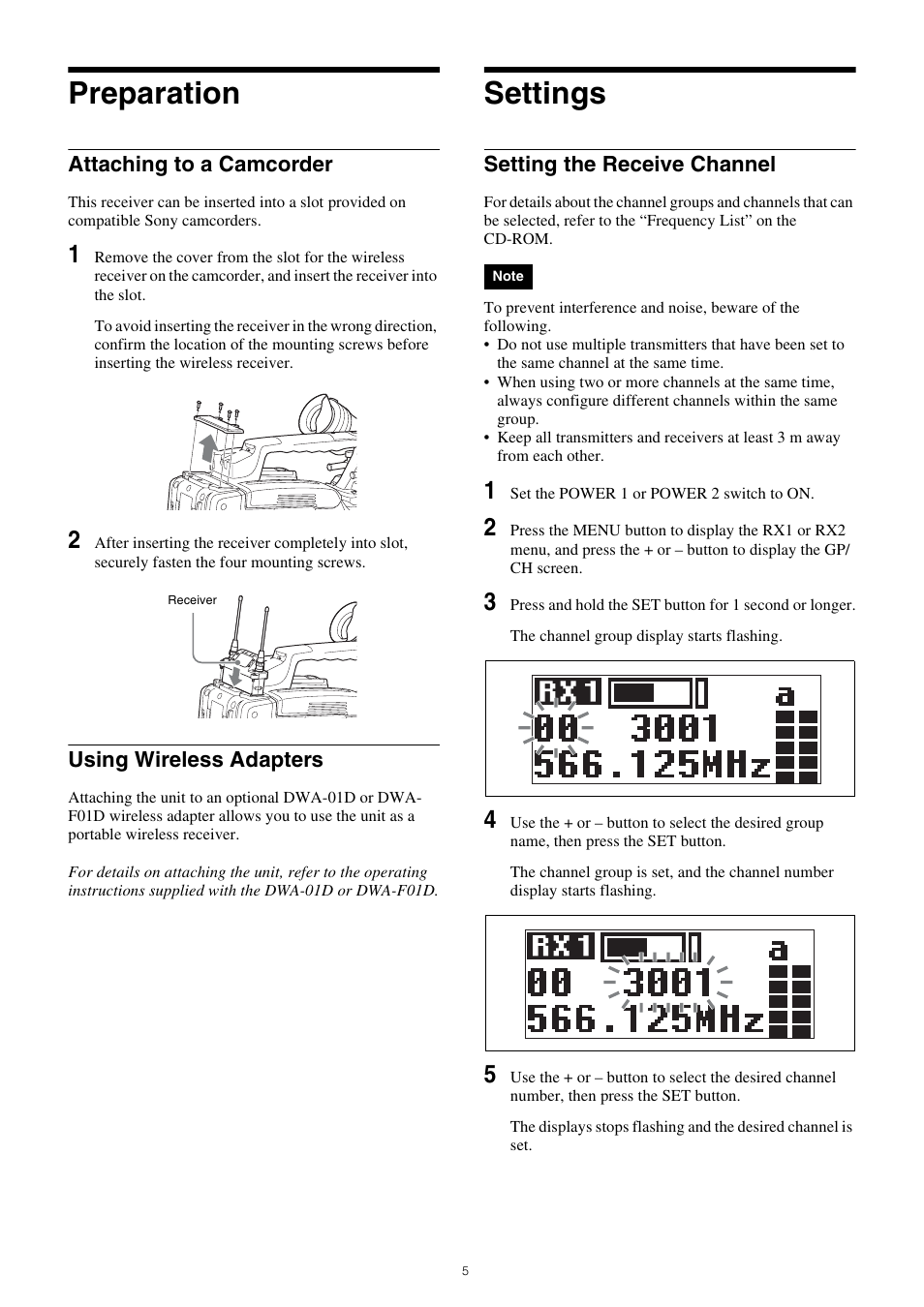 Preparation, Settings, Attaching to a camcorder using wireless adapters | Setting the receive channel | Sony 300GB Write-Once Optical Disc Cartridge User Manual | Page 5 / 16