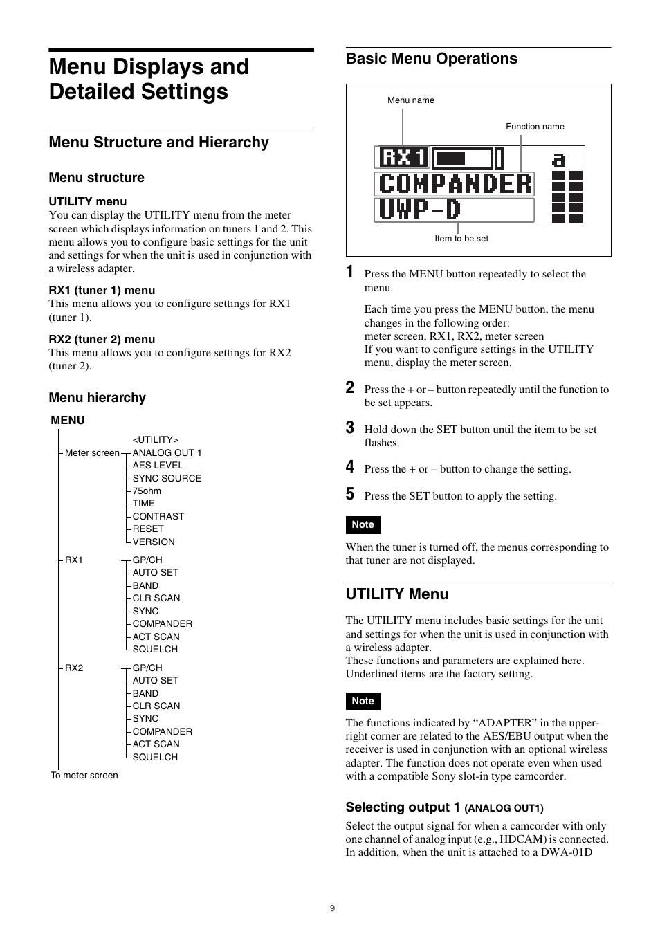 Menu displays and detailed settings, Menu structure and hierarchy, Basic menu operations | Utility menu | Sony 300GB Write-Once Optical Disc Cartridge User Manual | Page 9 / 16