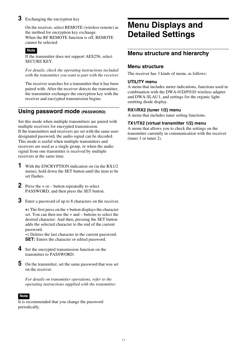 Menu displays and detailed settings, Using password mode (password), Menu structure and hierarchy | Using password mode | Sony PXW-Z150 4K XDCAM Camcorder User Manual | Page 11 / 28