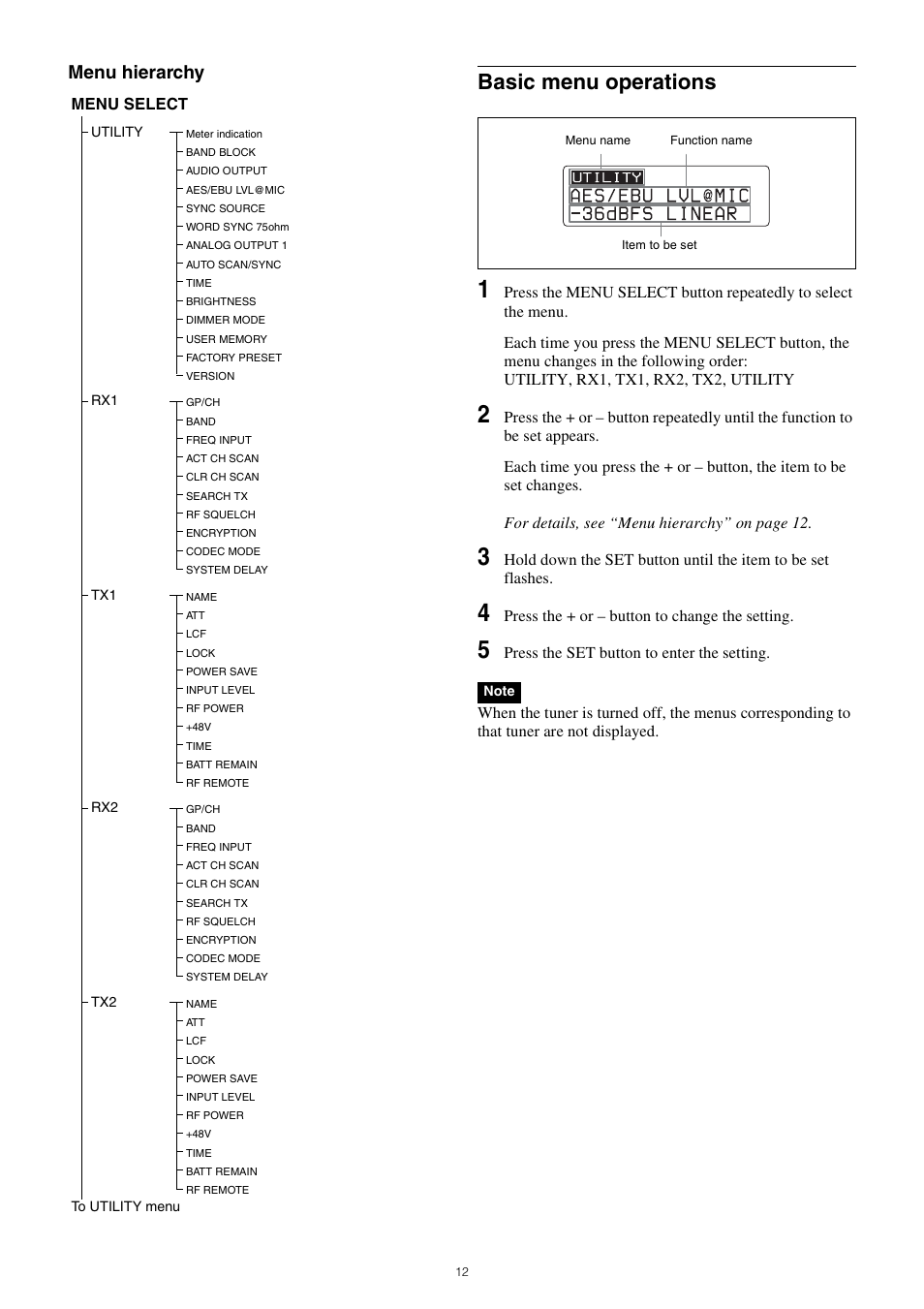 Basic menu operations, Menu hierarchy | Sony PXW-Z150 4K XDCAM Camcorder User Manual | Page 12 / 28