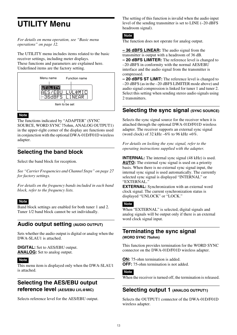 Utility menu, Aes/ebu lvl@mic), 75ohm) | Selecting output 1 (analog output1), Selecting the band block, Audio output setting, Selecting the aes/ebu output reference level, Selecting the sync signal, Terminating the sync signal, Selecting output 1 | Sony PXW-Z150 4K XDCAM Camcorder User Manual | Page 13 / 28