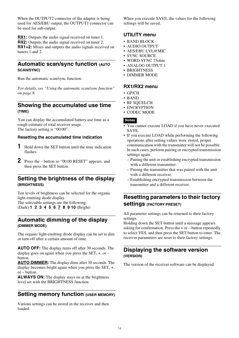 Automatic scan/sync function (auto scan, Sync), Brightness) | Automatic dimming of the display (dimmer, Mode), Factory preset), Displaying the software version (version), Automatic scan/sync function, Showing the accumulated use time, Setting the brightness of the display | Sony PXW-Z150 4K XDCAM Camcorder User Manual | Page 14 / 28