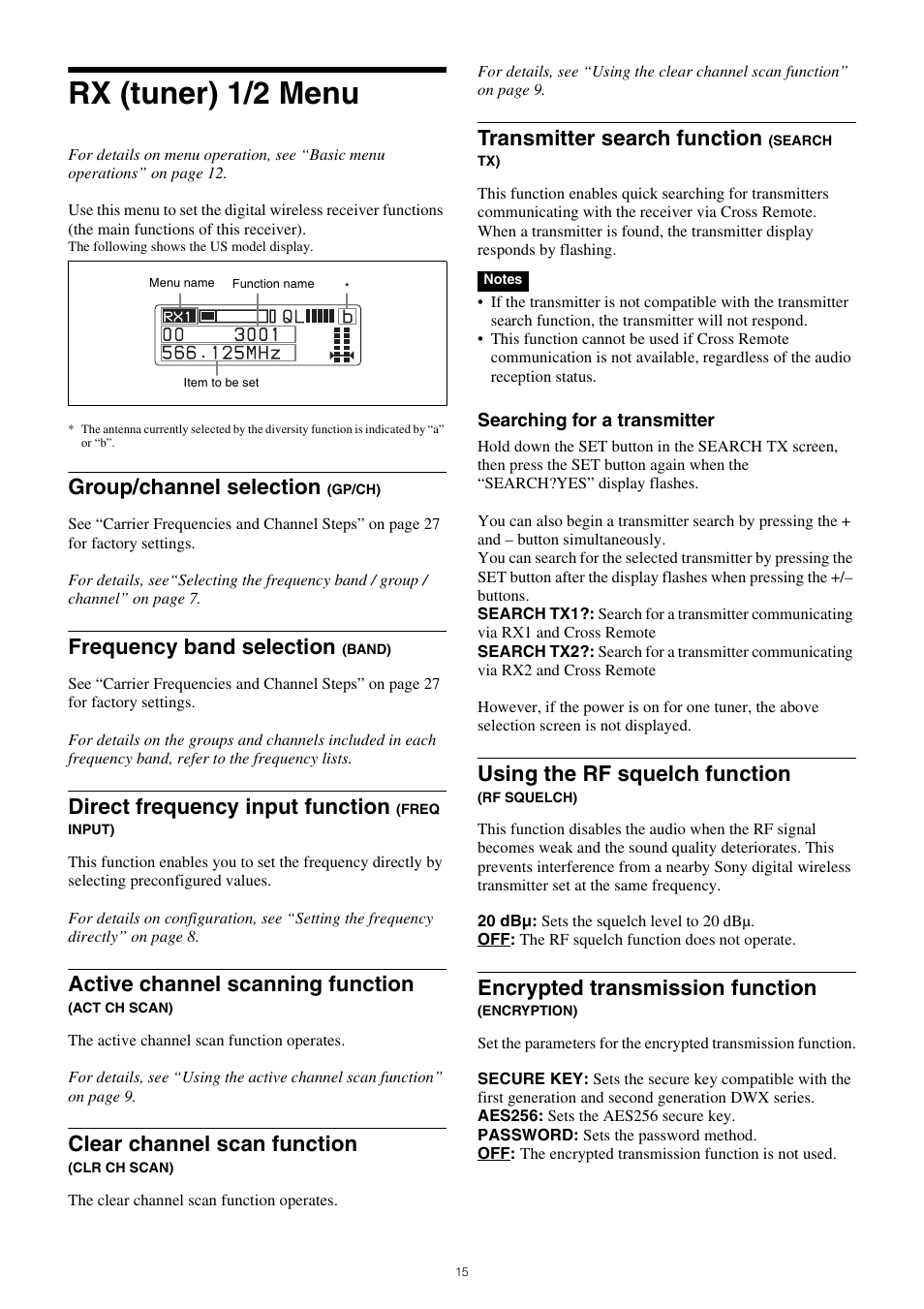 Rx (tuner) 1/2 menu, Input), Active channel scanning function (act ch | Scan), Rf squelch), Encrypted transmission function, Encryption), Group/channel selection, Frequency band selection, Direct frequency input function | Sony PXW-Z150 4K XDCAM Camcorder User Manual | Page 15 / 28