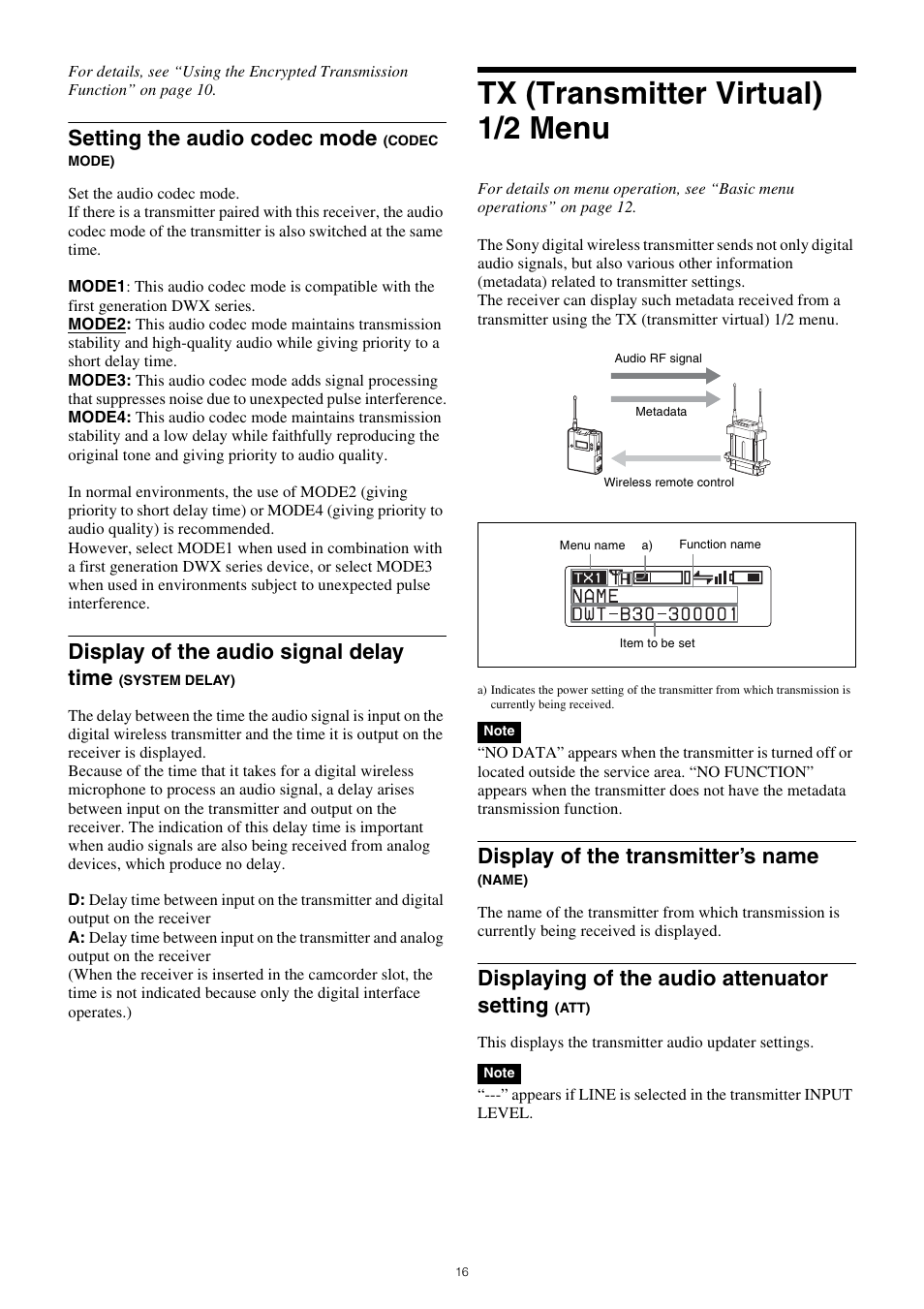 Tx (transmitter virtual) 1/2 menu, Setting the audio codec mode (codec, Mode) | Display of the audio signal delay time (system, Delay), Att), Setting the audio codec mode, Display of the audio signal delay time, Display of the transmitter’s name, Displaying of the audio attenuator setting | Sony PXW-Z150 4K XDCAM Camcorder User Manual | Page 16 / 28