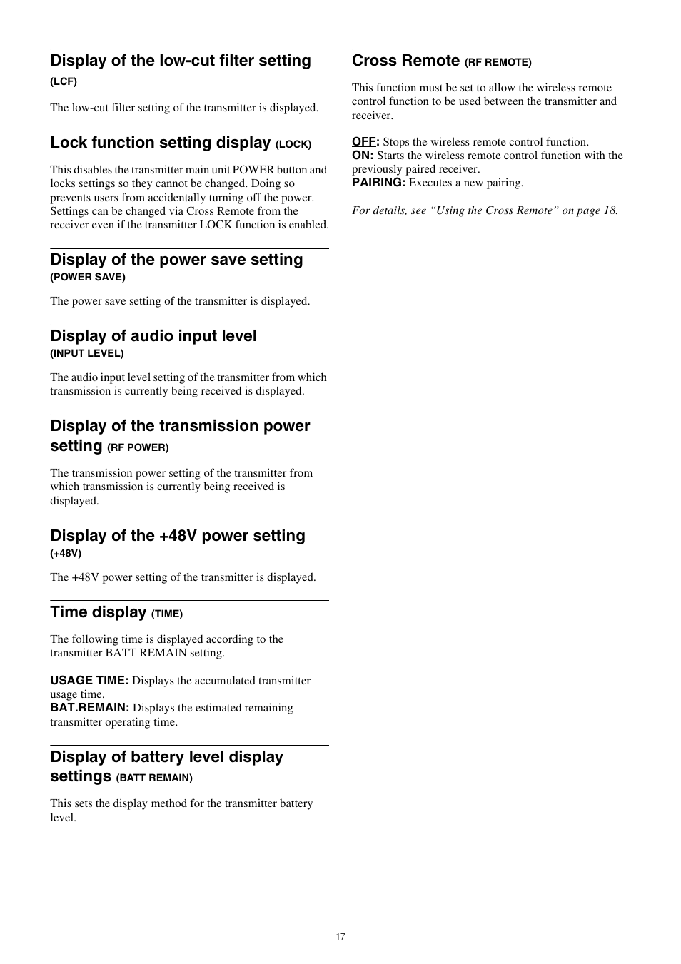 Save), Power), Remain) | Cross remote (rf remote), Display of the low-cut filter setting, Lock function setting display, Display of the power save setting, Display of audio input level, Display of the transmission power setting, Display of the +48v power setting | Sony PXW-Z150 4K XDCAM Camcorder User Manual | Page 17 / 28