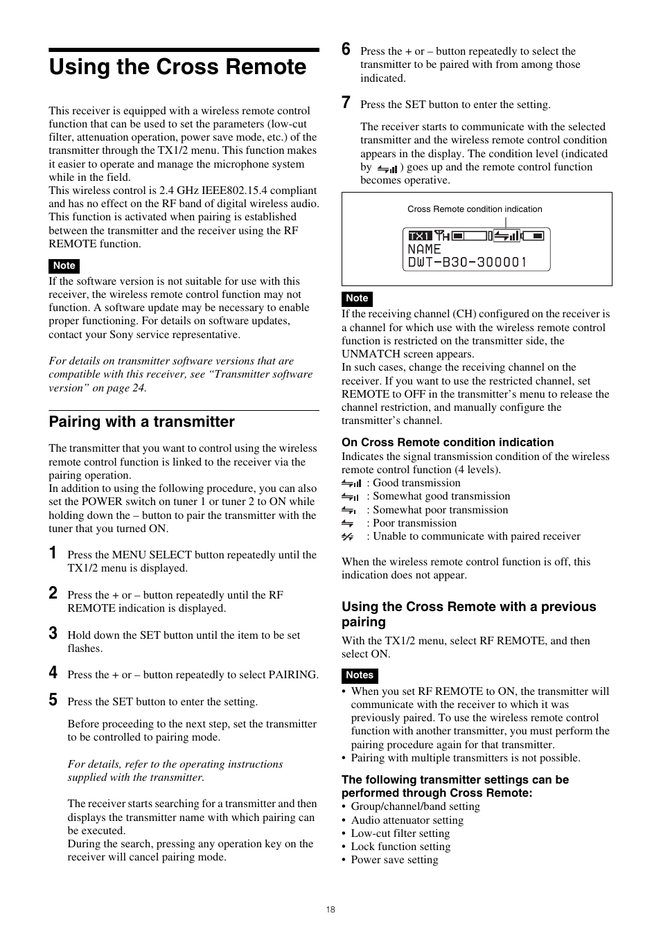 Using the cross remote, Pairing with a transmitter | Sony PXW-Z150 4K XDCAM Camcorder User Manual | Page 18 / 28