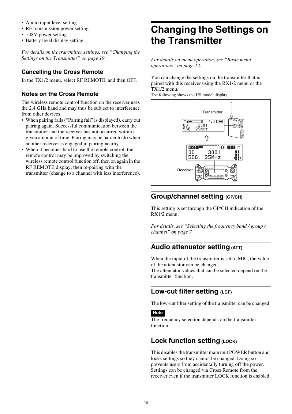 Changing the settings on the transmitter, Group/channel setting, Audio attenuator setting | Low-cut filter setting, Lock function setting | Sony PXW-Z150 4K XDCAM Camcorder User Manual | Page 19 / 28