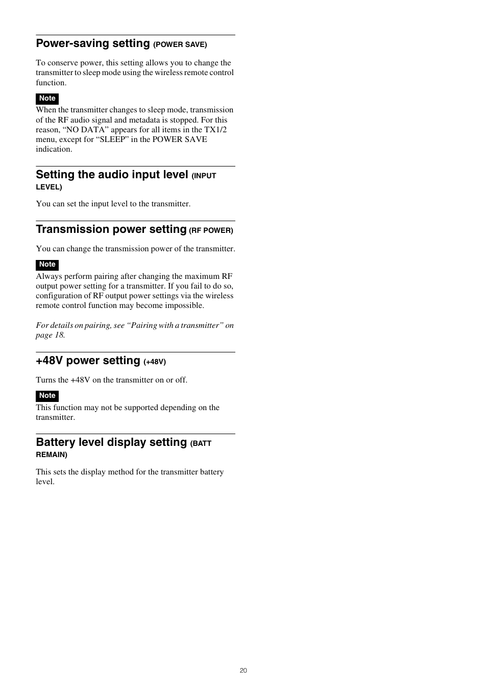 Remain), Power-saving setting, Setting the audio input level | Transmission power setting, 48v power setting, Battery level display setting | Sony PXW-Z150 4K XDCAM Camcorder User Manual | Page 20 / 28