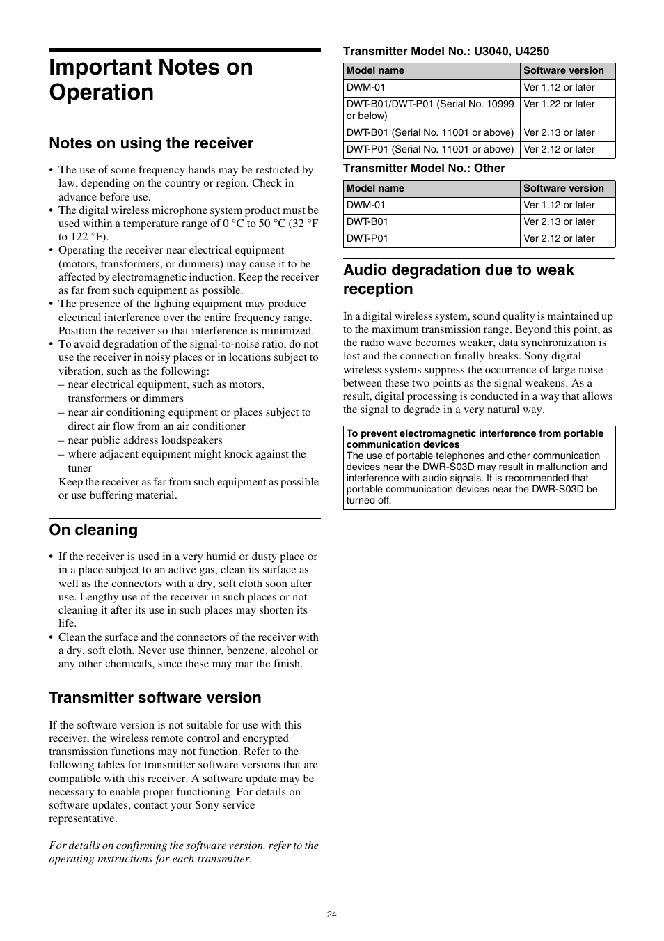 Important notes on operation, On cleaning, Transmitter software version | Audio degradation due to weak reception | Sony PXW-Z150 4K XDCAM Camcorder User Manual | Page 24 / 28