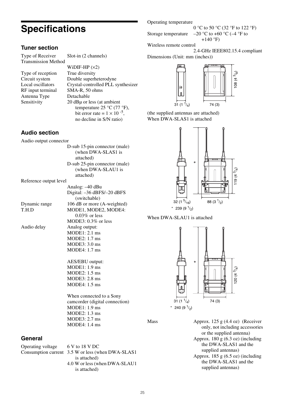 Specifications, General | Sony PXW-Z150 4K XDCAM Camcorder User Manual | Page 25 / 28