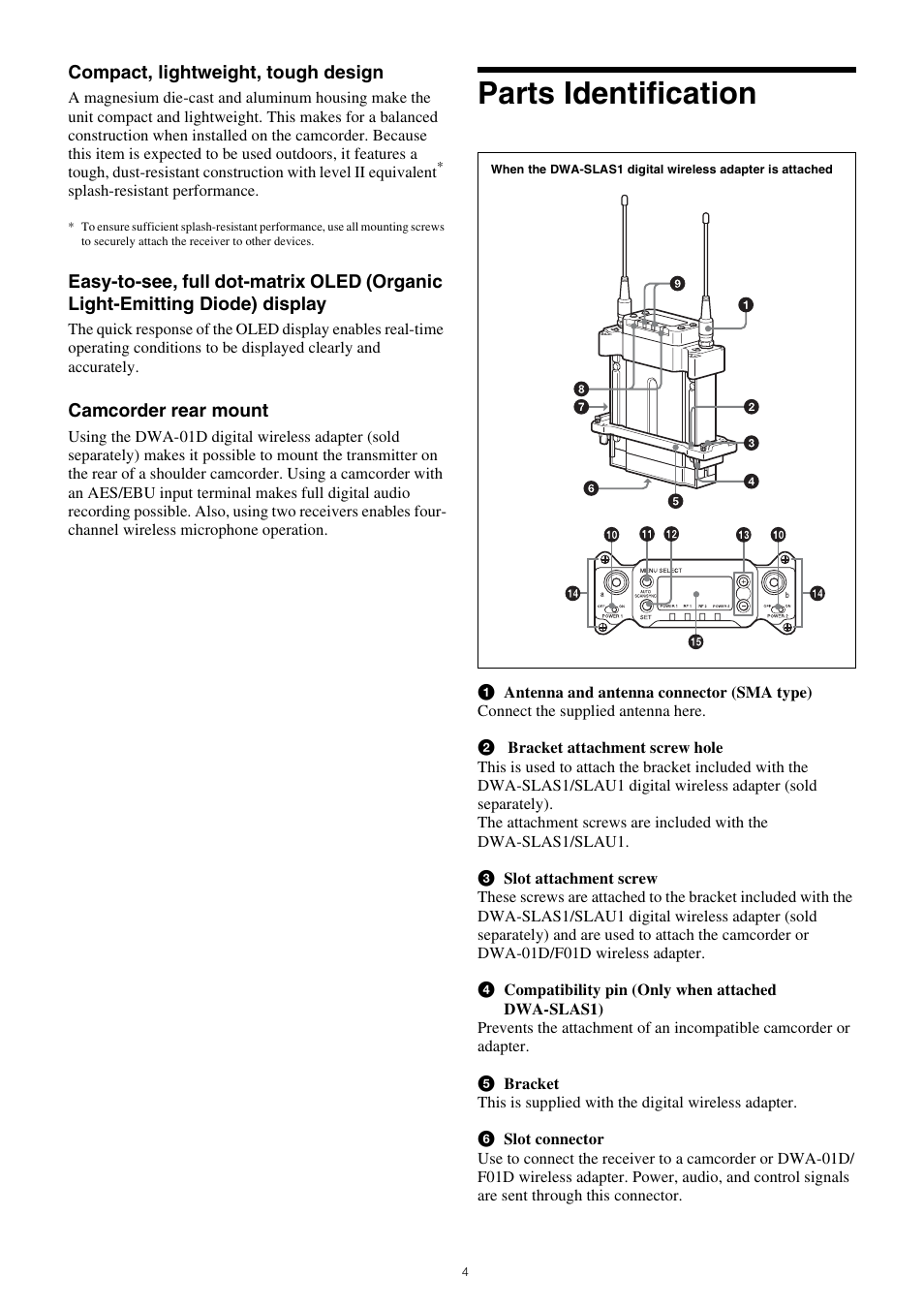 Parts identification | Sony PXW-Z150 4K XDCAM Camcorder User Manual | Page 4 / 28
