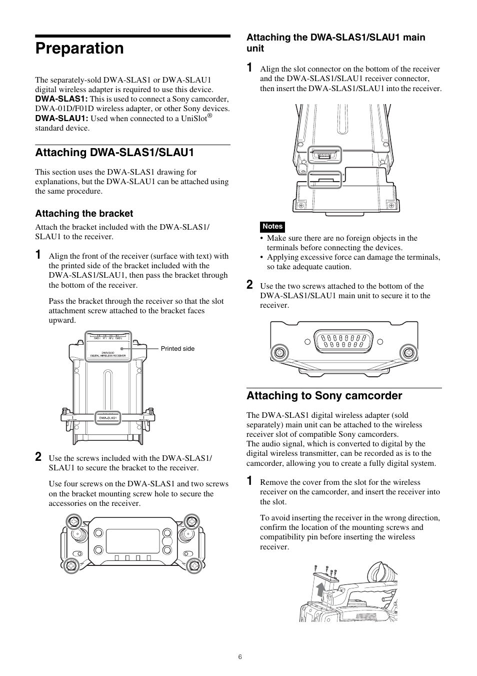 Preparation, Attaching dwa-slas1/slau1, Attaching to sony camcorder | Sony PXW-Z150 4K XDCAM Camcorder User Manual | Page 6 / 28