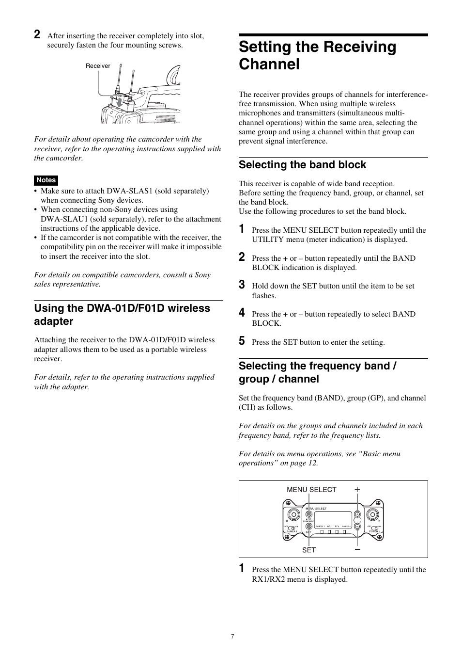 Setting the receiving channel, Using the dwa-01d/f01d wireless adapter, Selecting the band block | Selecting the frequency band / group / channel | Sony PXW-Z150 4K XDCAM Camcorder User Manual | Page 7 / 28