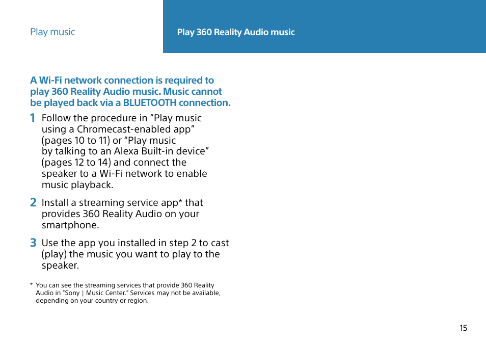 Play 360 reality audio music, Play 360, Reality audio music | Sony PXW-Z90V 4K HDR XDCAM with Fast Hybrid AF User Manual | Page 15 / 20