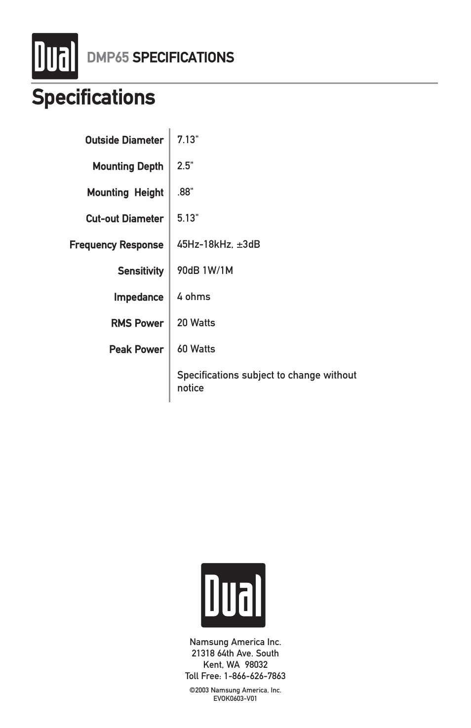 Specifications, Dmp65 specifications | Dual MXD40 User Manual | Page 16 / 16