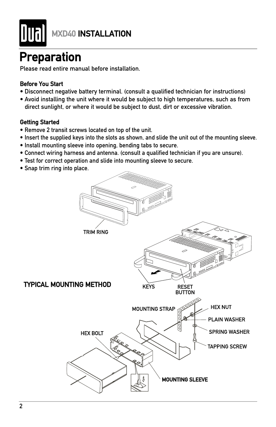 Preparation | Dual MXD40 User Manual | Page 2 / 16