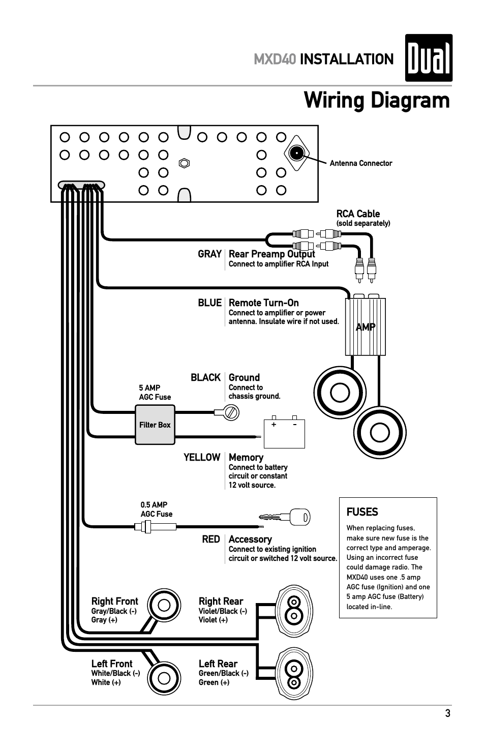 Wiring diagram, Mxd40 installation | Dual MXD40 User Manual | Page 3 / 16