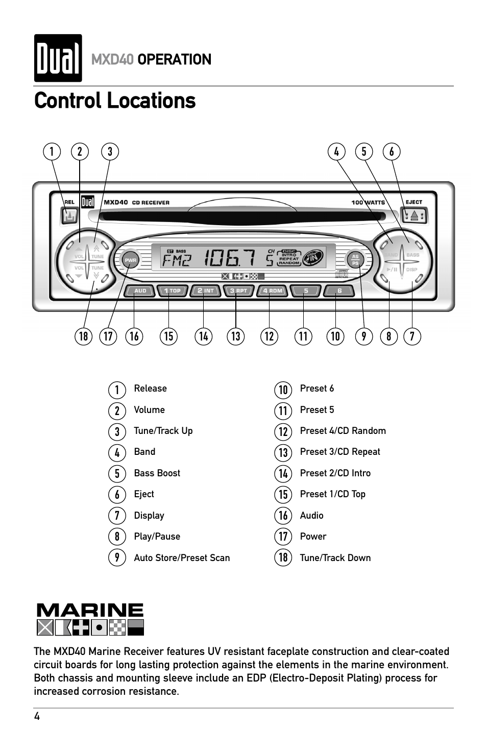Control locations, Marine, Mxd40 operation | Dual MXD40 User Manual | Page 4 / 16