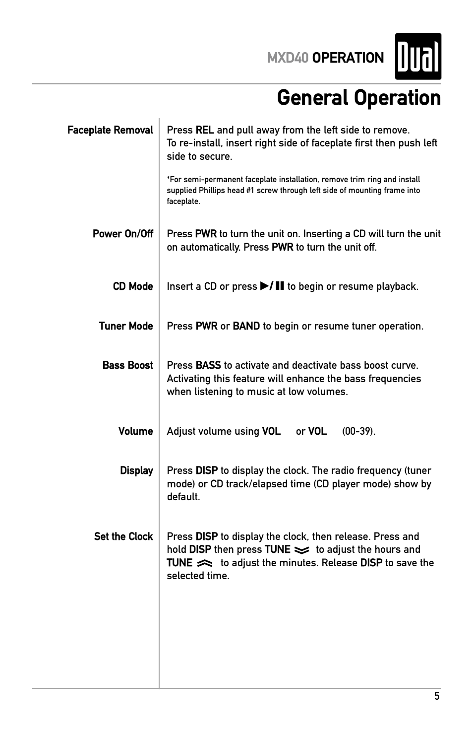 General operation, Mxd40 operation | Dual MXD40 User Manual | Page 5 / 16