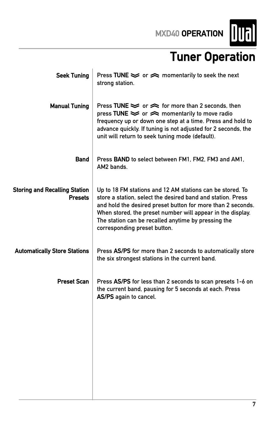 Tuner operation, Mxd40 operation | Dual MXD40 User Manual | Page 7 / 16