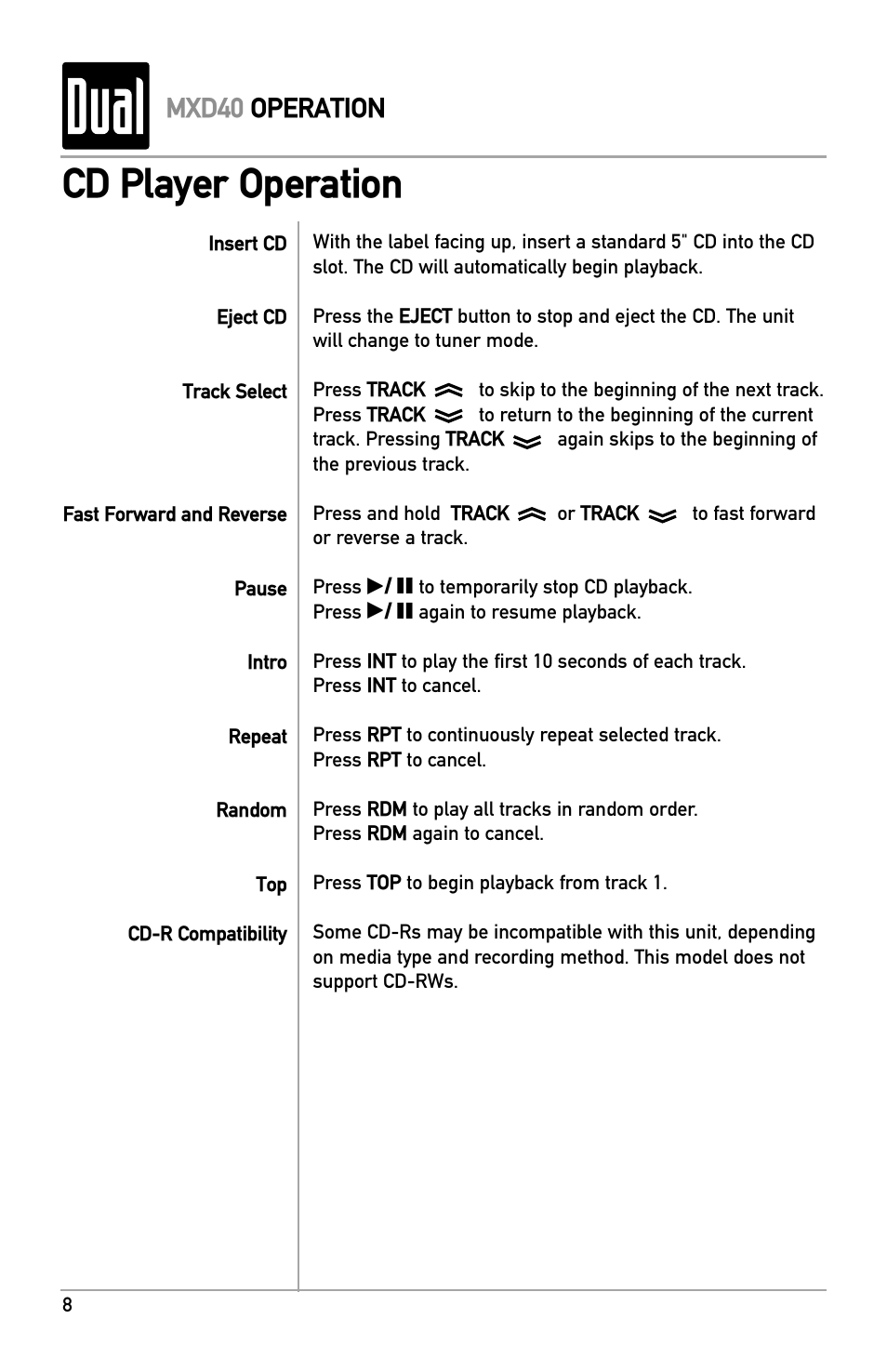 Cd player operation, Mxd40 operation | Dual MXD40 User Manual | Page 8 / 16