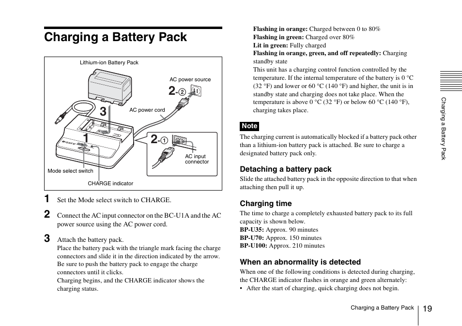 Charging a battery pack | Sony SRX-T110 4K SXRD 11,000-Lumen Projector (No Lens or Lamps) User Manual | Page 19 / 83