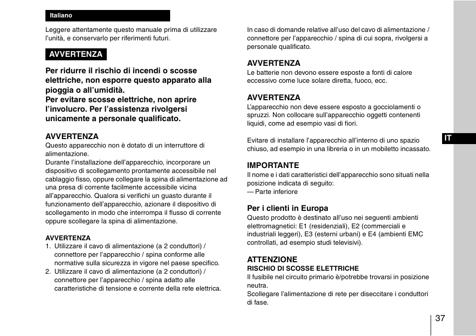 Italiano | Sony SRX-T110 4K SXRD 11,000-Lumen Projector (No Lens or Lamps) User Manual | Page 37 / 83