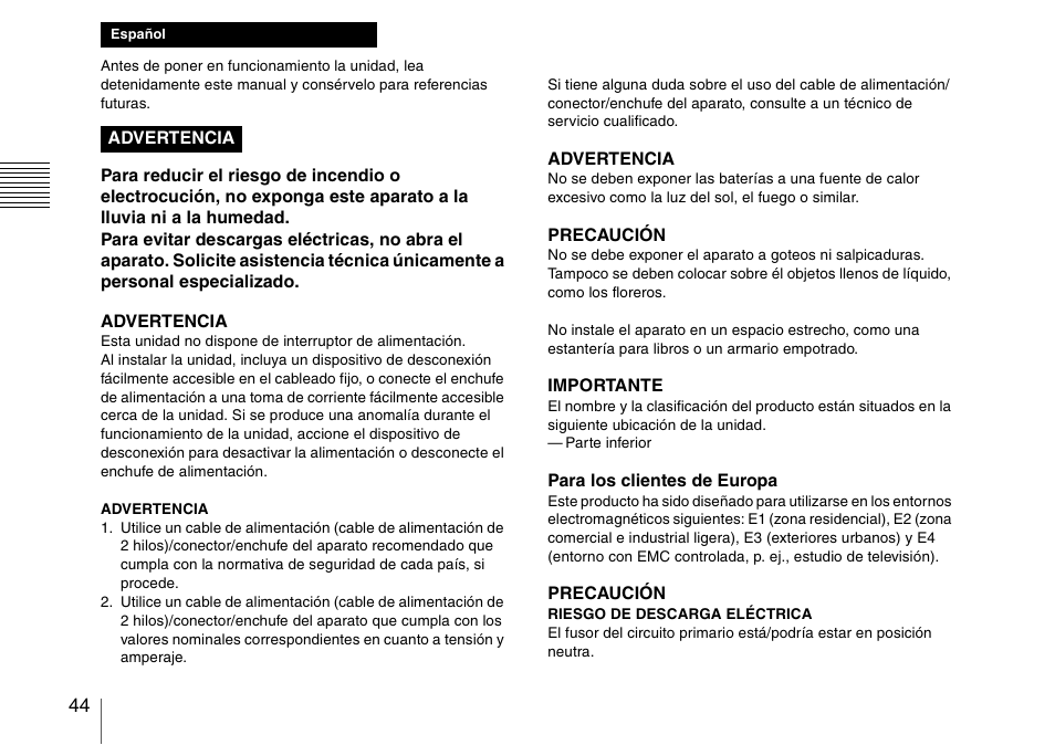 Español | Sony SRX-T110 4K SXRD 11,000-Lumen Projector (No Lens or Lamps) User Manual | Page 44 / 83