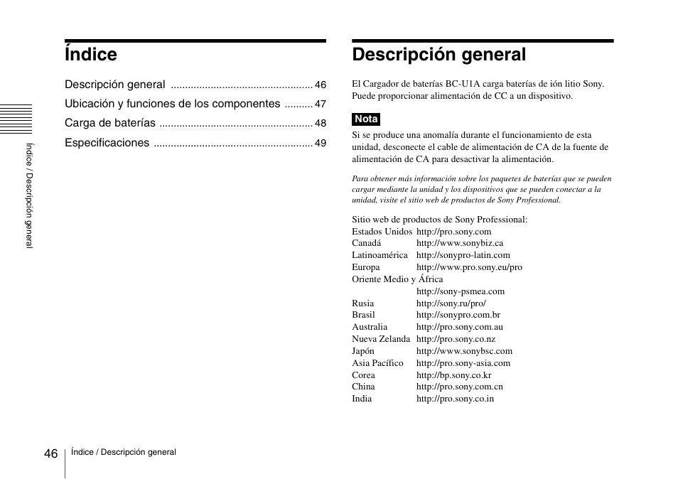 Índice, Descripción general | Sony SRX-T110 4K SXRD 11,000-Lumen Projector (No Lens or Lamps) User Manual | Page 46 / 83