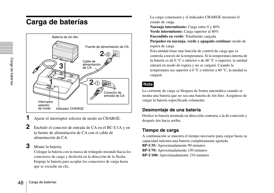 Carga de baterías | Sony SRX-T110 4K SXRD 11,000-Lumen Projector (No Lens or Lamps) User Manual | Page 48 / 83