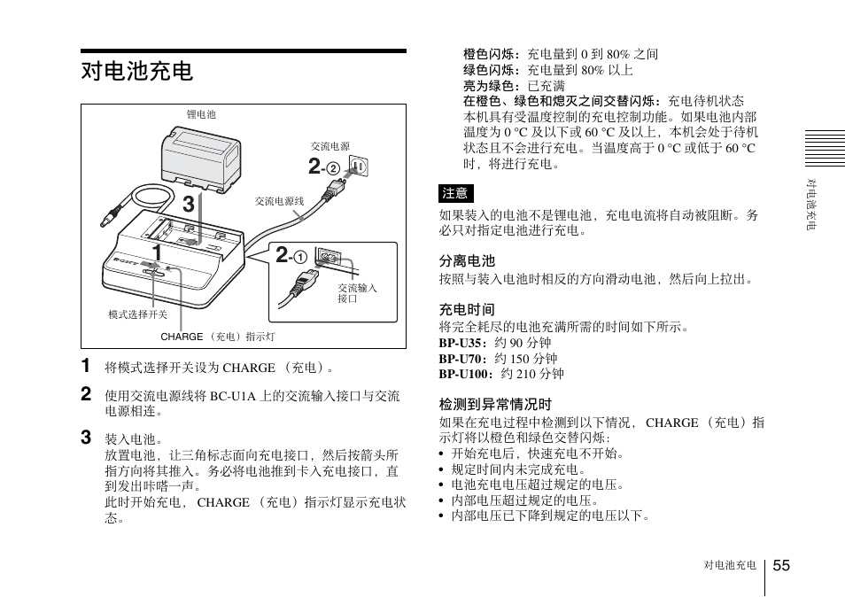 对电池充电 | Sony SRX-T110 4K SXRD 11,000-Lumen Projector (No Lens or Lamps) User Manual | Page 55 / 83