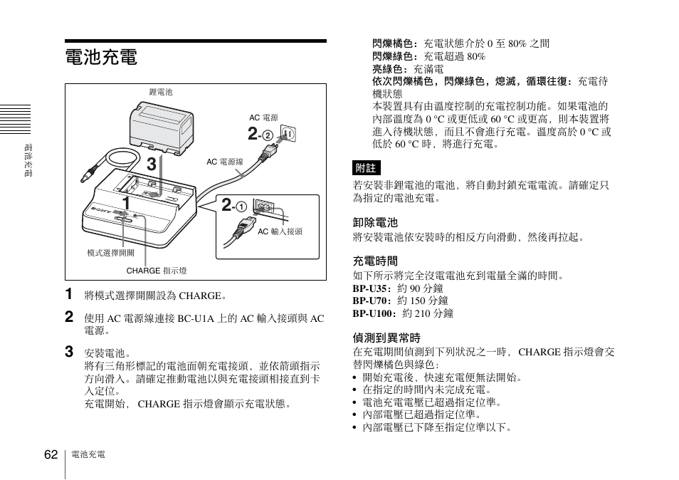 電池充電 | Sony SRX-T110 4K SXRD 11,000-Lumen Projector (No Lens or Lamps) User Manual | Page 62 / 83