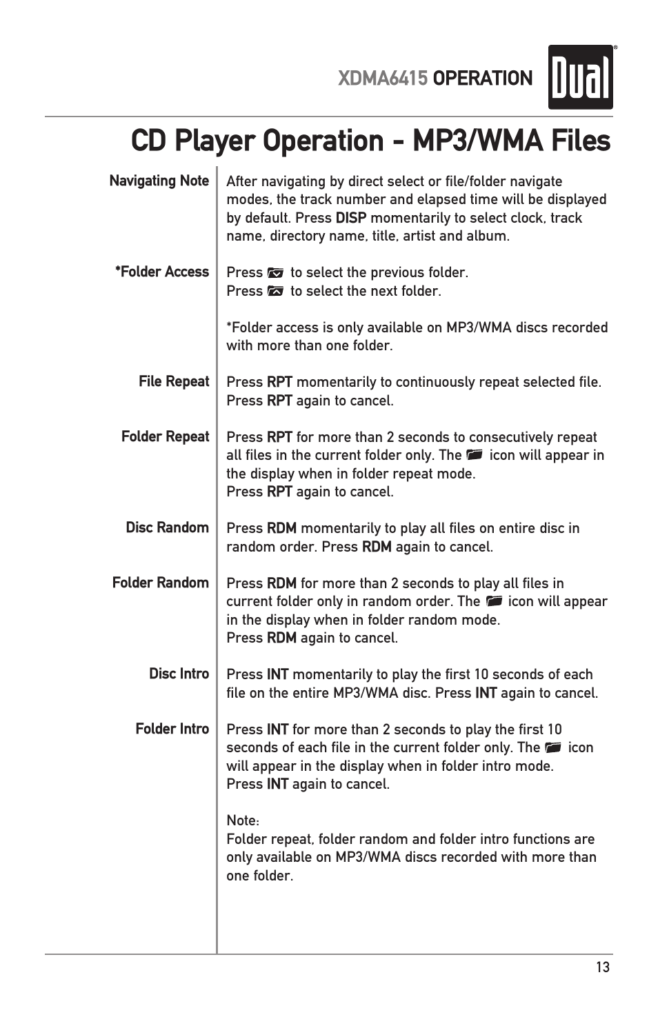 Cd player operation - mp3/wma files, Xdma6415 operation | Dual XDMA6415 User Manual | Page 13 / 28