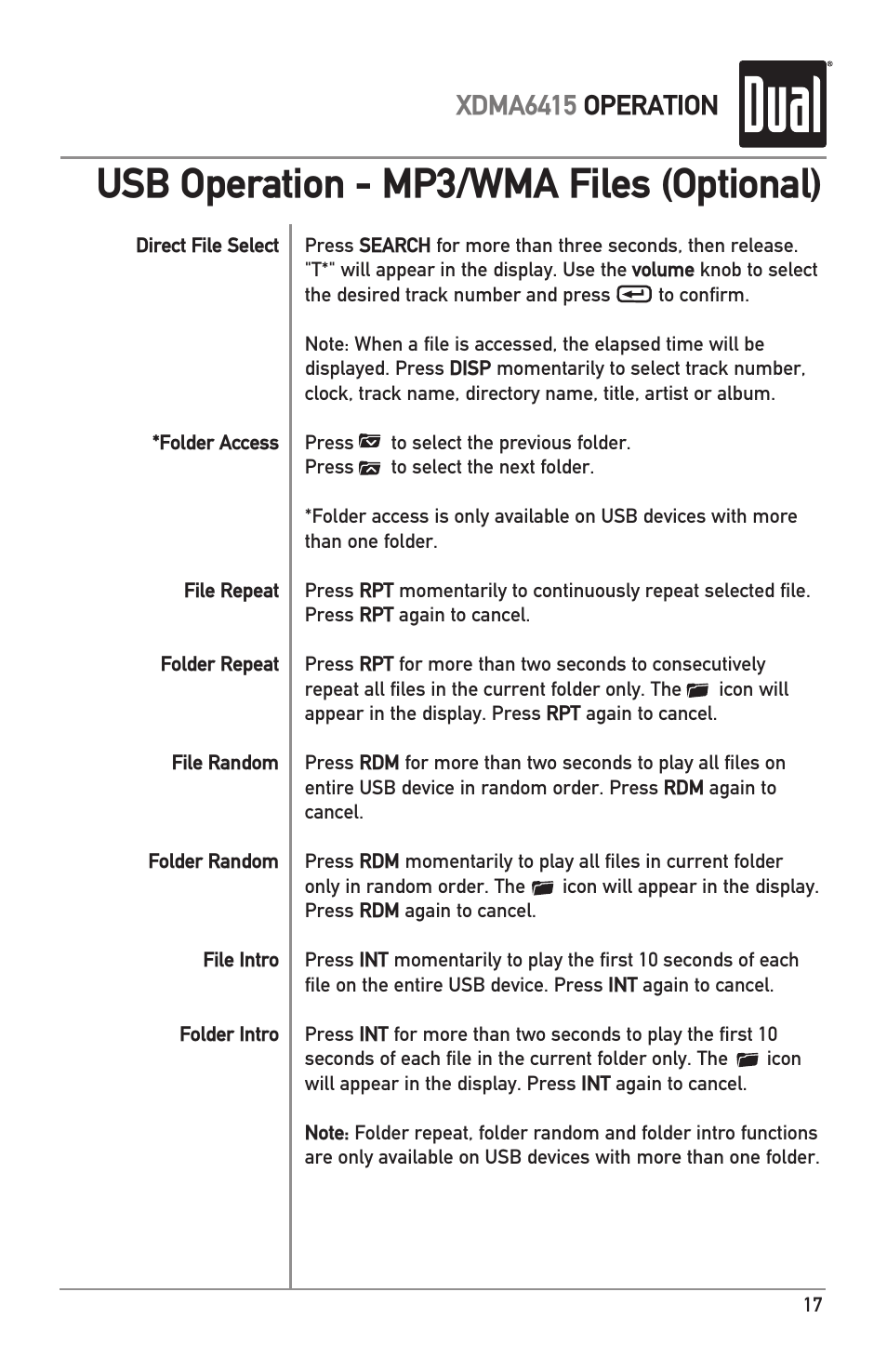 Usb operation - mp3/wma files (optional), Xdma6415 operation | Dual XDMA6415 User Manual | Page 17 / 28