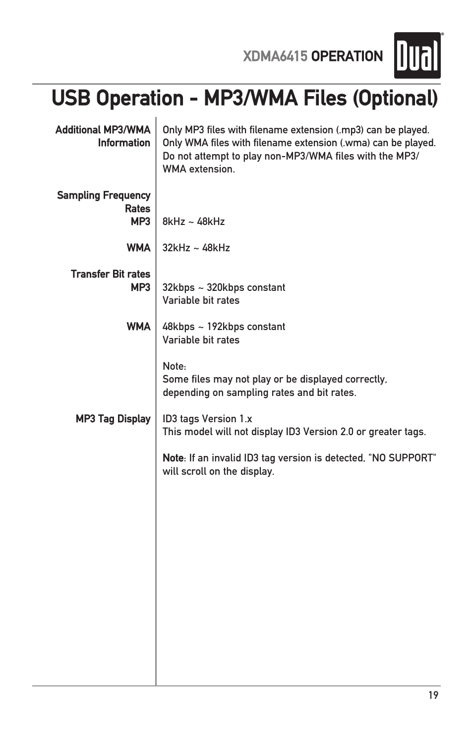 Usb operation - mp3/wma files (optional), Xdma6415 operation | Dual XDMA6415 User Manual | Page 19 / 28