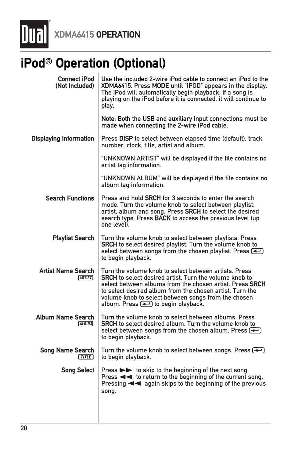 Ipod, Operation (optional), Xdma6415 operation | Dual XDMA6415 User Manual | Page 20 / 28