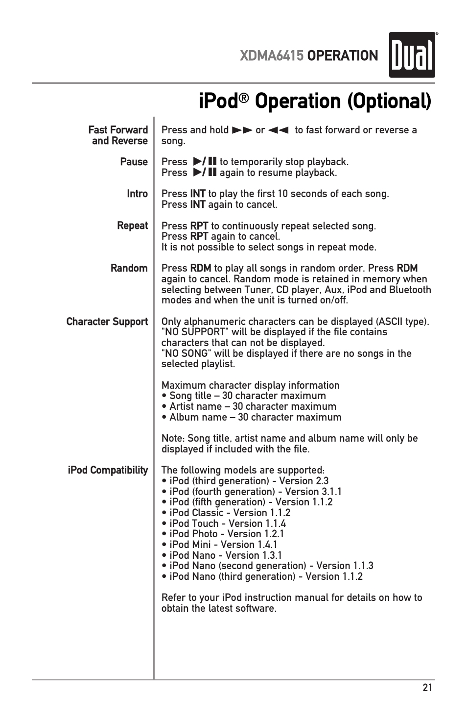 Ipod, Operation (optional), Xdma6415 operation | Dual XDMA6415 User Manual | Page 21 / 28