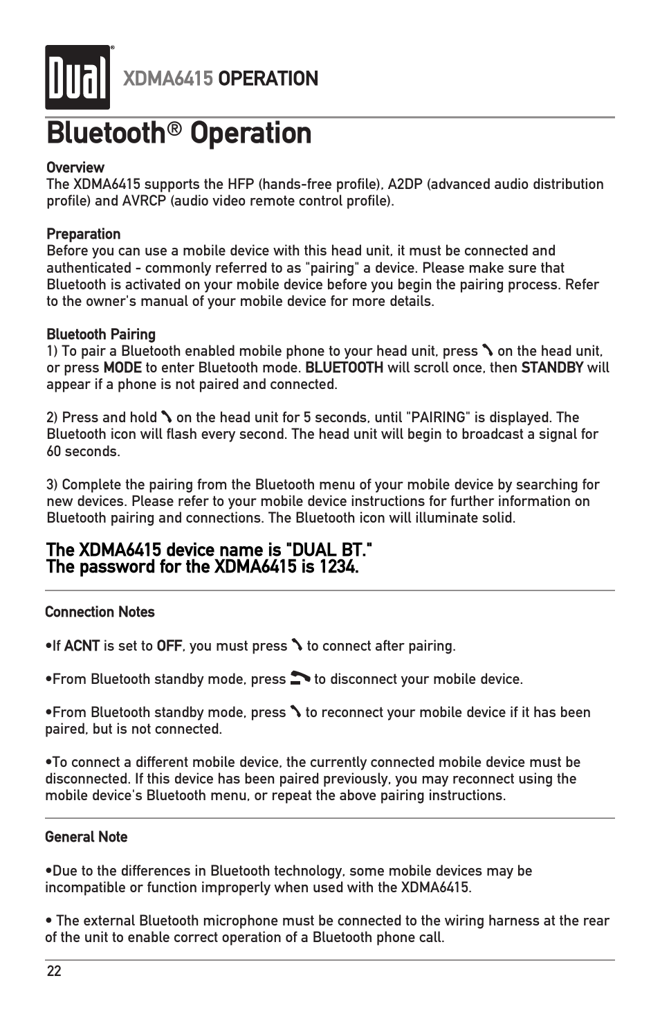 Bluetooth, Operation, Xdma6415 operation | Dual XDMA6415 User Manual | Page 22 / 28