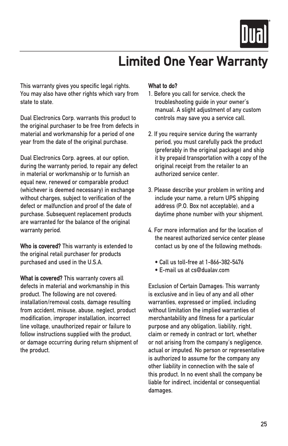 Limited one year warranty | Dual XDMA6415 User Manual | Page 25 / 28