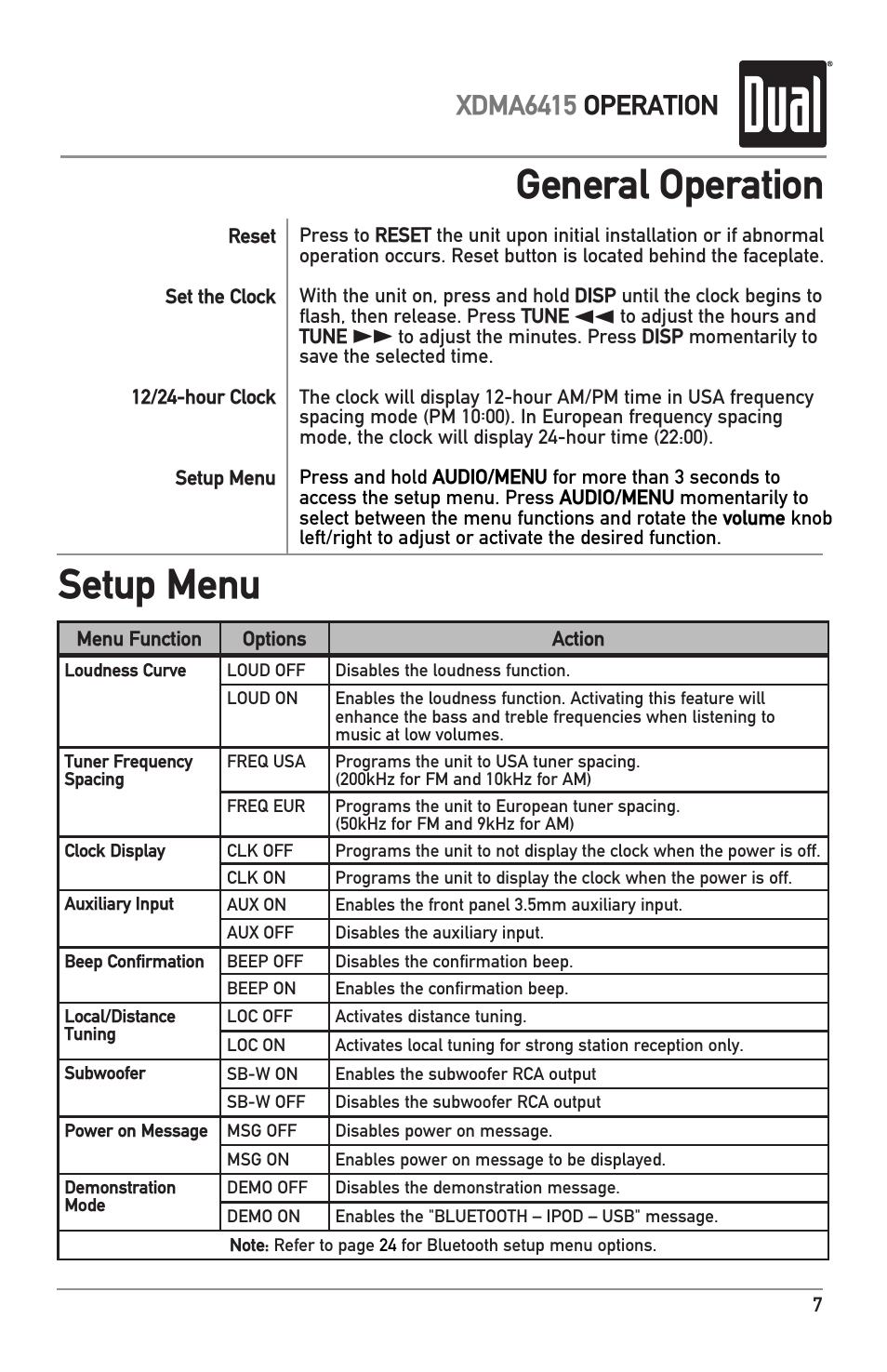 General operation, Setup menu, Xdma6415 operation | Dual XDMA6415 User Manual | Page 7 / 28