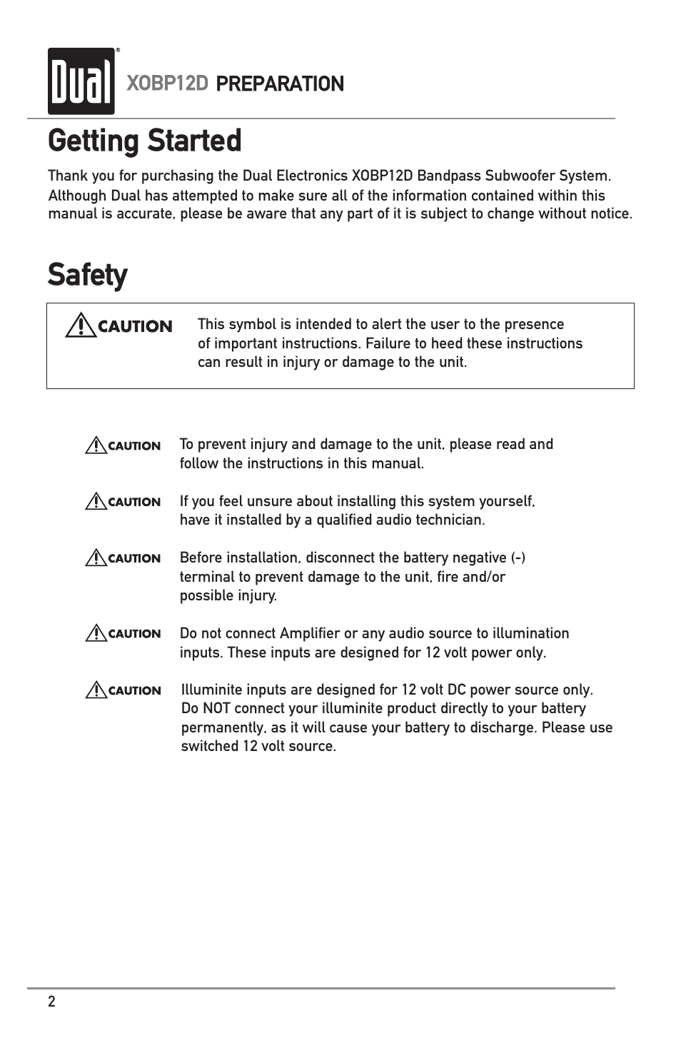 Getting started safety | Dual XOBP12D User Manual | Page 2 / 8