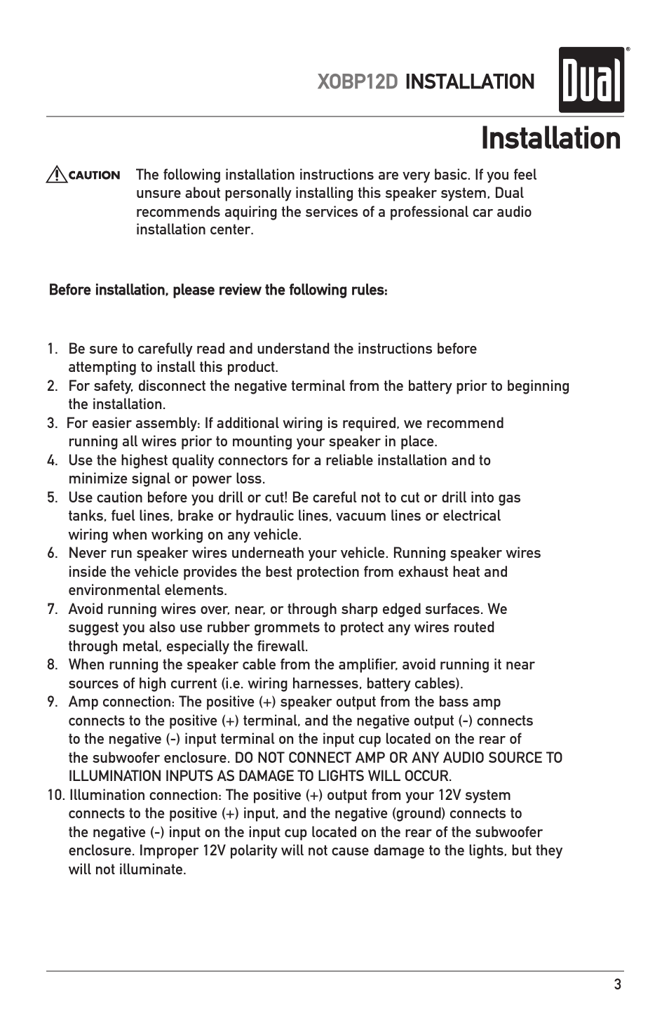 Installation, Xobp12d installation | Dual XOBP12D User Manual | Page 3 / 8