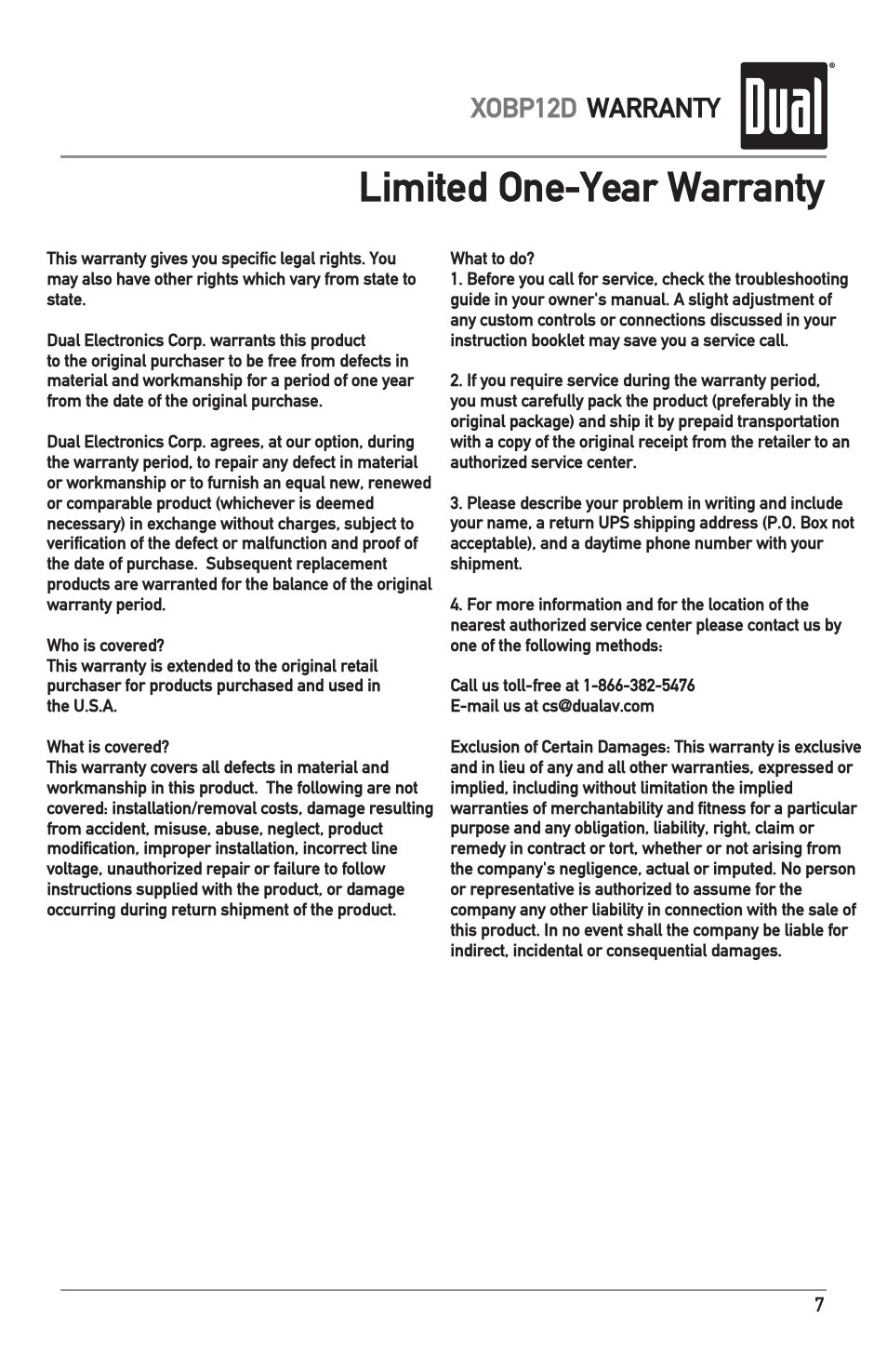 Limited one-year warranty, Xobp12d warranty | Dual XOBP12D User Manual | Page 7 / 8